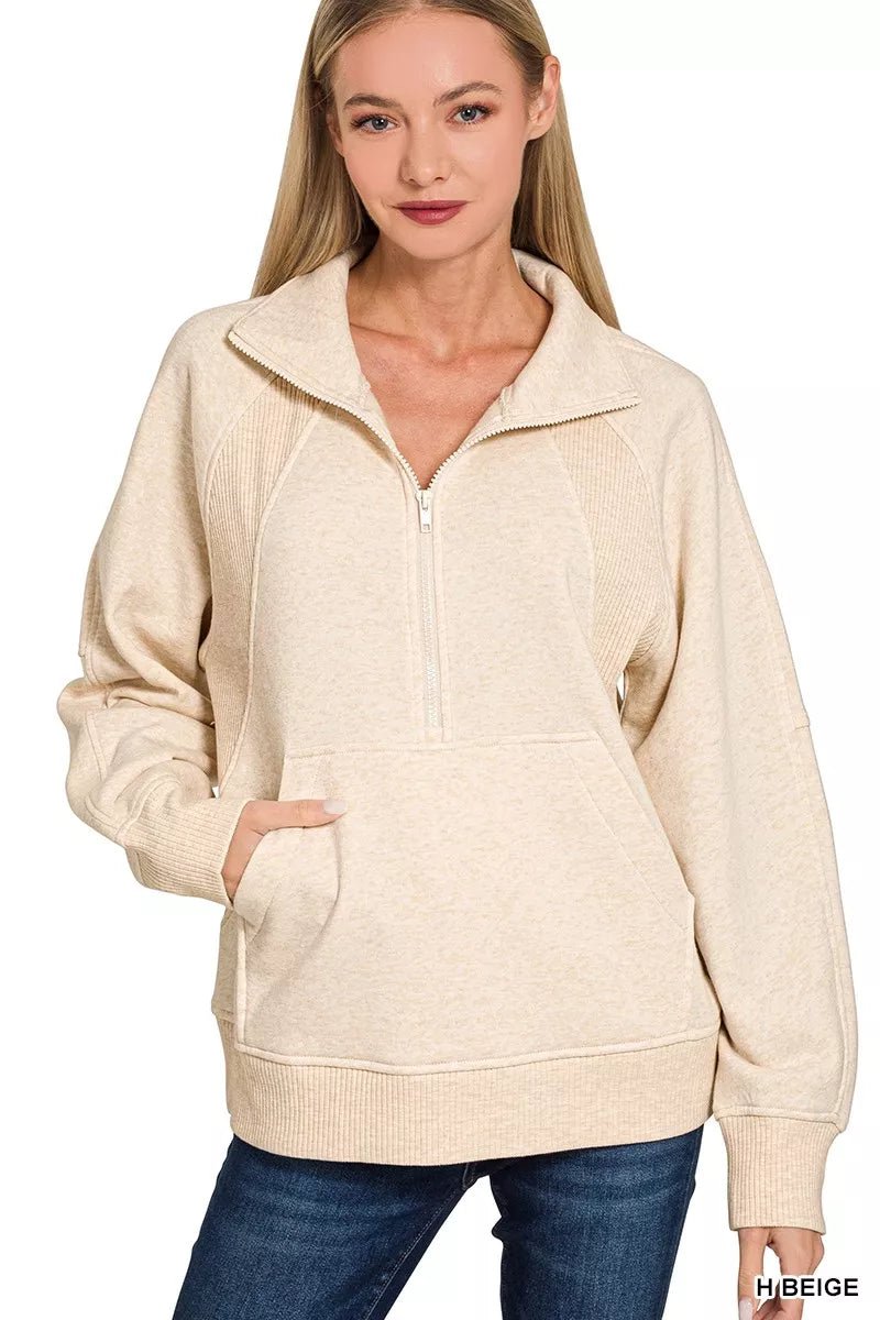Zenana Half Zip Fleece Sweatshirt with kangaroo Pocket - Bitsy Gypsy Boutique