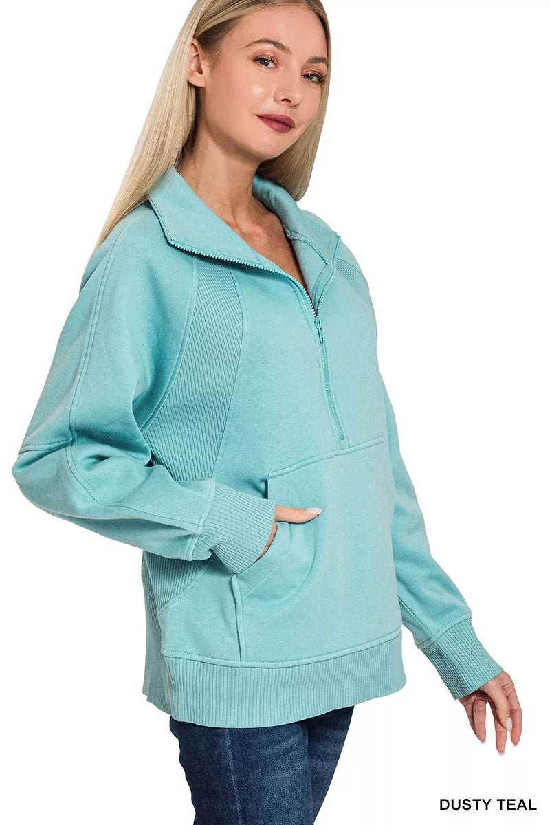 Zenana Half Zip Fleece Sweatshirt with kangaroo Pocket - Bitsy Gypsy Boutique