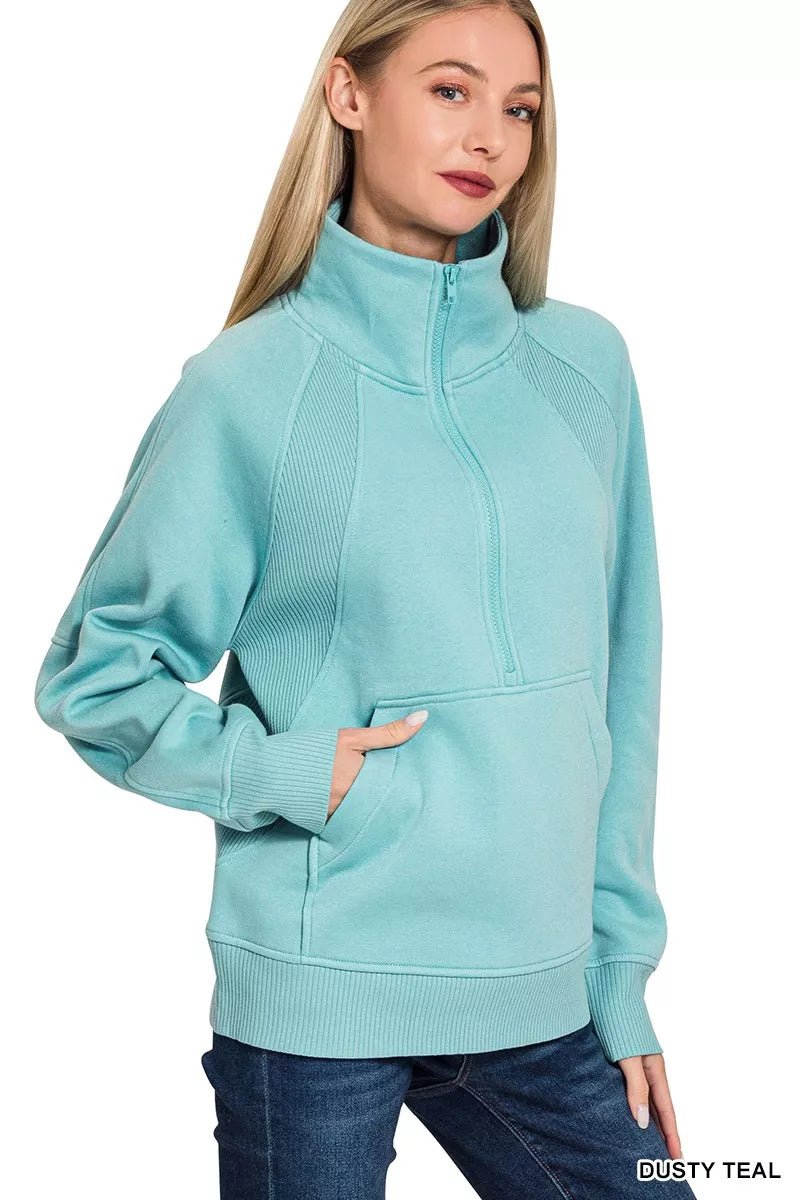 Zenana Half Zip Fleece Sweatshirt with kangaroo Pocket - Bitsy Gypsy Boutique