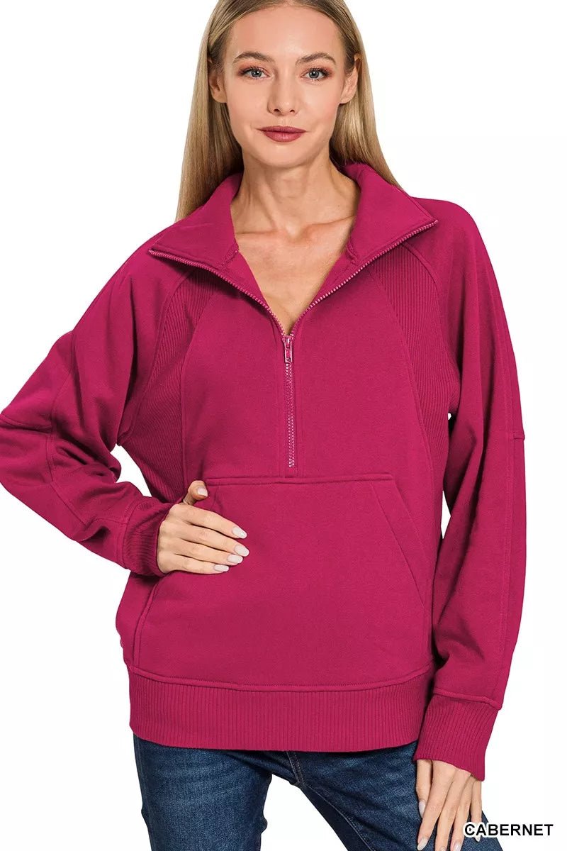 Zenana Half Zip Fleece Sweatshirt with kangaroo Pocket - Bitsy Gypsy Boutique
