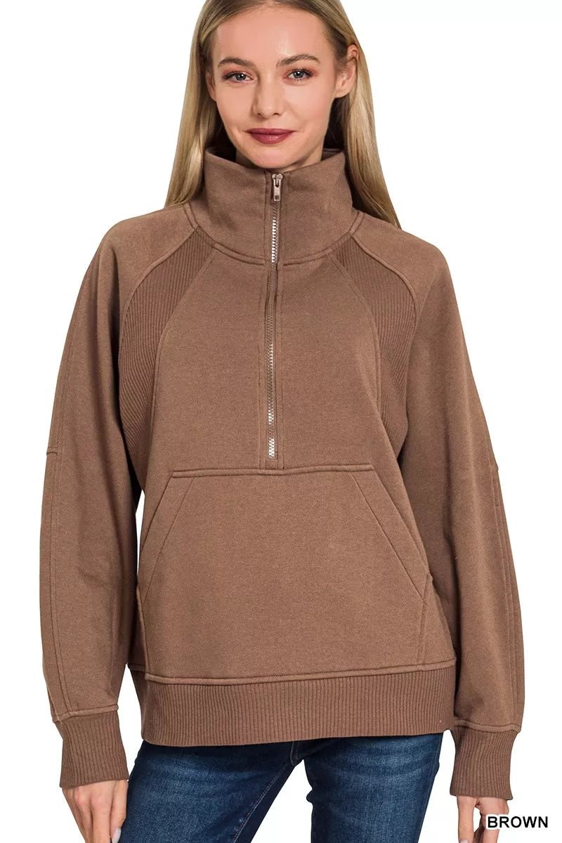 Zenana Half Zip Fleece Sweatshirt with kangaroo Pocket - Bitsy Gypsy Boutique