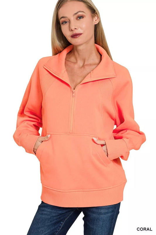Zenana Half Zip Fleece Sweatshirt with kangaroo Pocket - Bitsy Gypsy Boutique