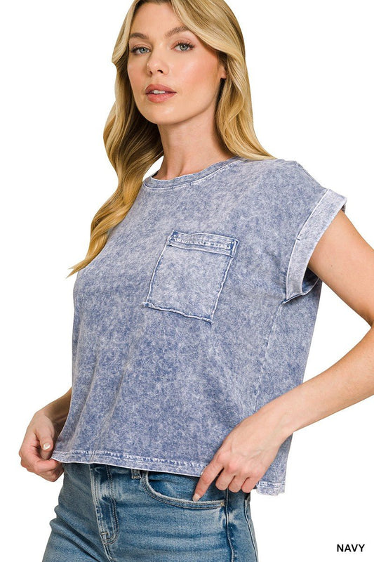 Zenana Halo Snow Washed Cotton Cuffed Short Sleeve Top - Bitsy Gypsy Boutique