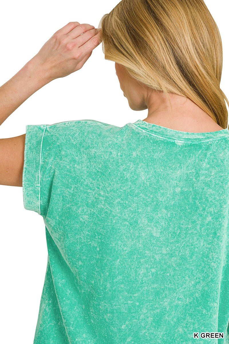 Zenana Halo Snow Washed Cotton Cuffed Short Sleeve Top - Bitsy Gypsy Boutique