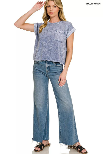 Zenana Halo Snow Washed Cotton Cuffed Short Sleeve Top - Bitsy Gypsy Boutique
