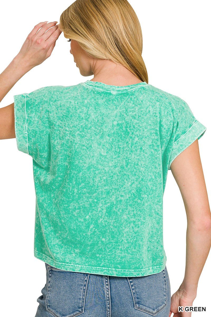Zenana Halo Snow Washed Cotton Cuffed Short Sleeve Top - Bitsy Gypsy Boutique