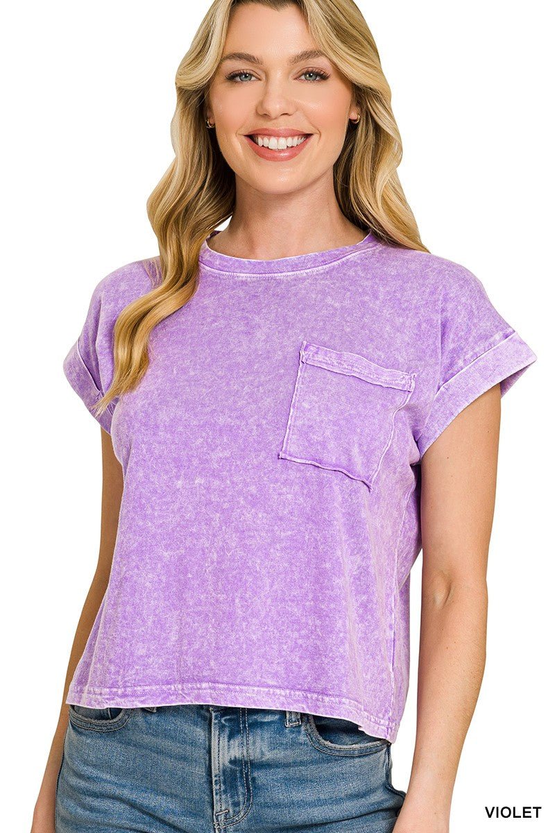 Zenana Halo Snow Washed Cotton Cuffed Short Sleeve Top - Bitsy Gypsy Boutique