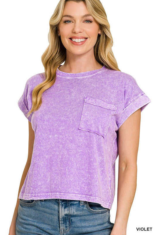 Zenana Halo Snow Washed Cotton Cuffed Short Sleeve Top - Bitsy Gypsy Boutique