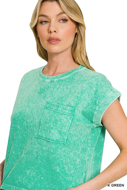 Zenana Halo Snow Washed Cotton Cuffed Short Sleeve Top - Bitsy Gypsy Boutique