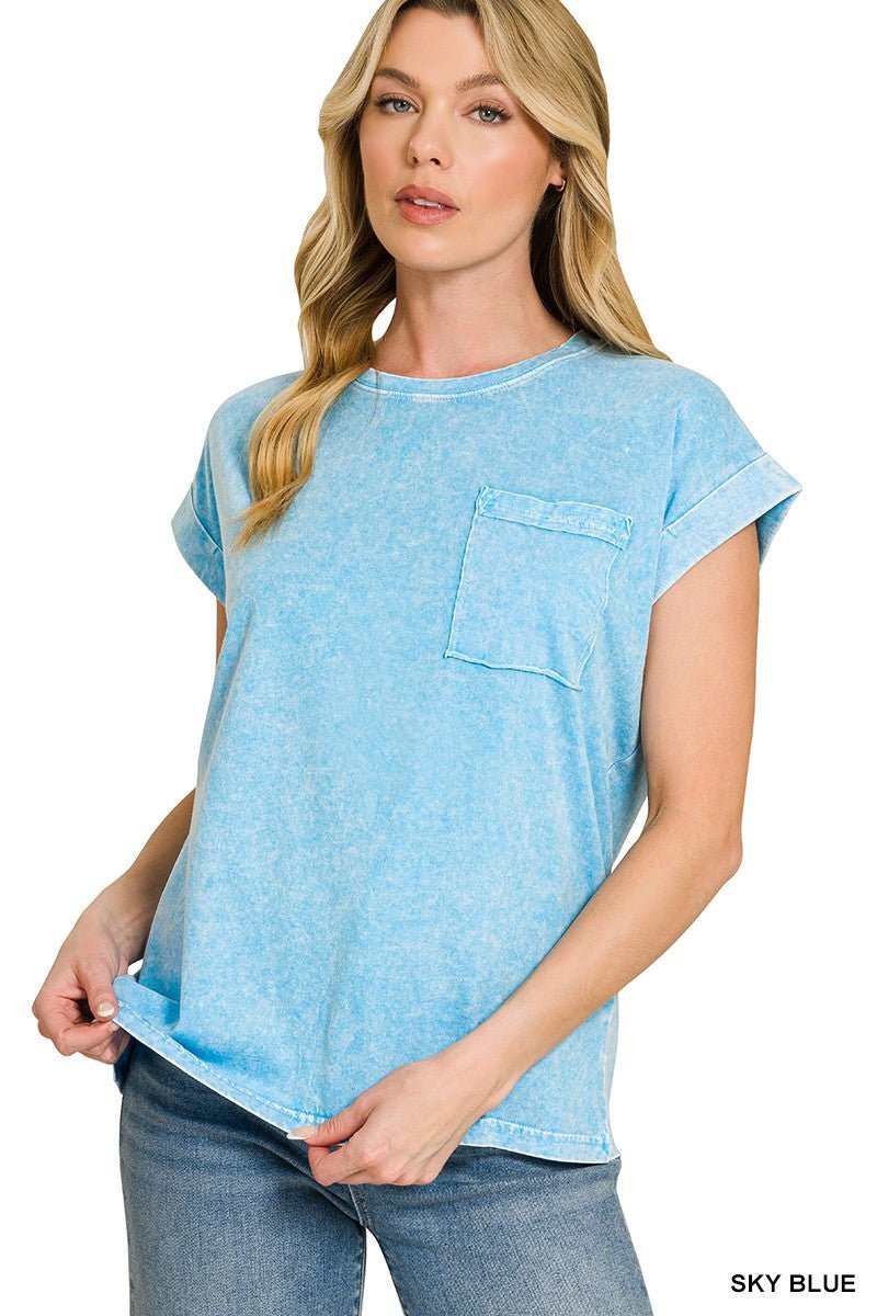 Zenana Halo Snow Washed Cuffed Short Sleeve Tee - Bitsy Gypsy Boutique