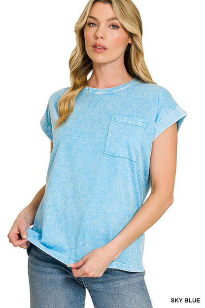 Zenana Halo Snow Washed Cuffed Short Sleeve Tee - Bitsy Gypsy Boutique