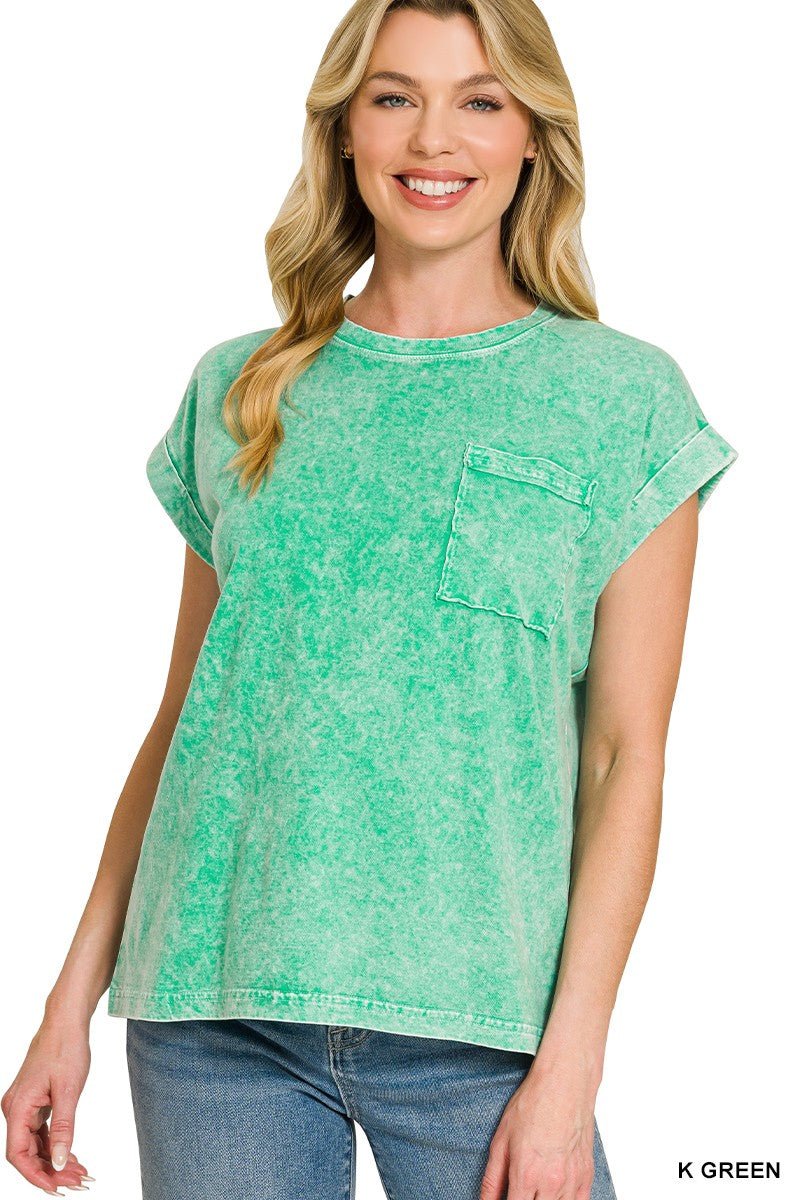 Zenana Halo Snow Washed Cuffed Short Sleeve Tee - Bitsy Gypsy Boutique