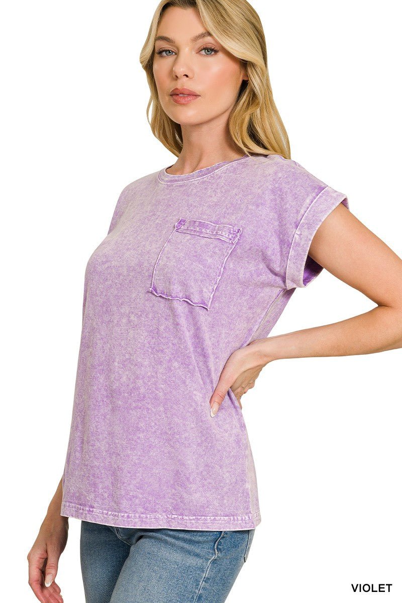 Zenana Halo Snow Washed Cuffed Short Sleeve Tee - Bitsy Gypsy Boutique