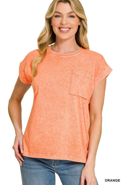 Zenana Halo Snow Washed Cuffed Short Sleeve Tee - Bitsy Gypsy Boutique