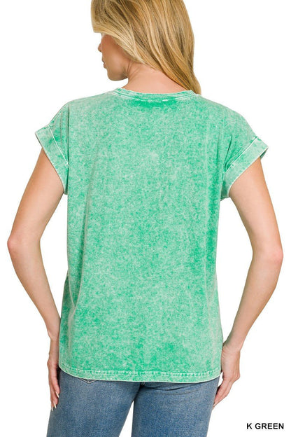 Zenana Halo Snow Washed Cuffed Short Sleeve Tee - Bitsy Gypsy Boutique