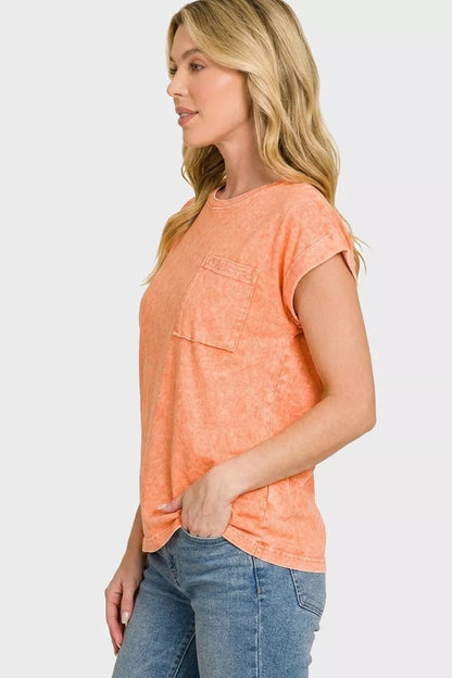 Zenana Halo Snow Washed Cuffed Short Sleeve Tee - Bitsy Gypsy Boutique