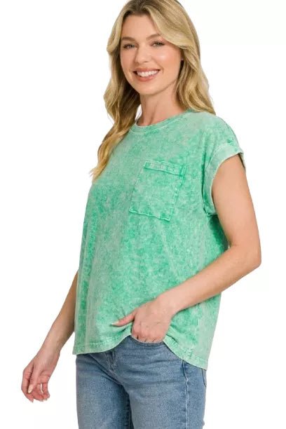 Zenana Halo Snow Washed Cuffed Short Sleeve Tee - Bitsy Gypsy Boutique