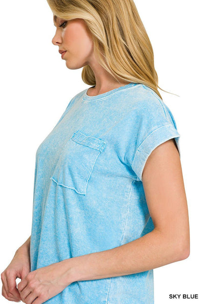 Zenana Halo Snow Washed Cuffed Short Sleeve Tee - Bitsy Gypsy Boutique