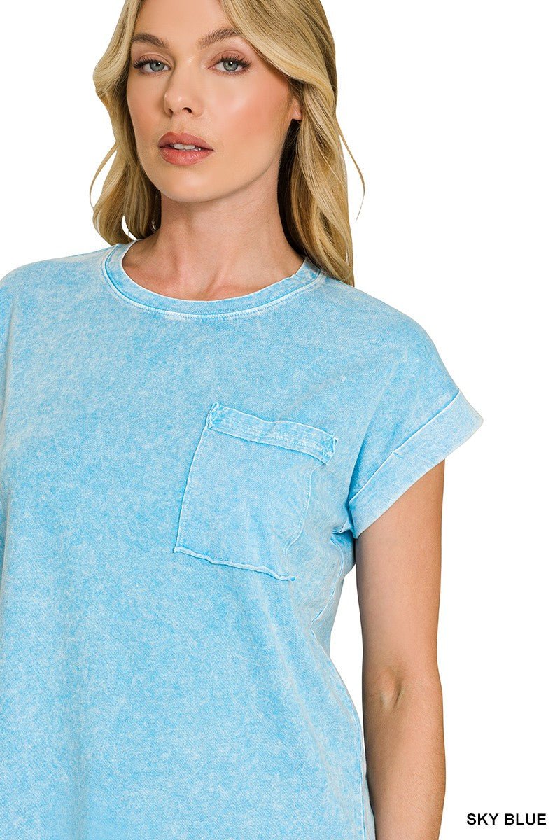 Zenana Halo Snow Washed Cuffed Short Sleeve Tee - Bitsy Gypsy Boutique