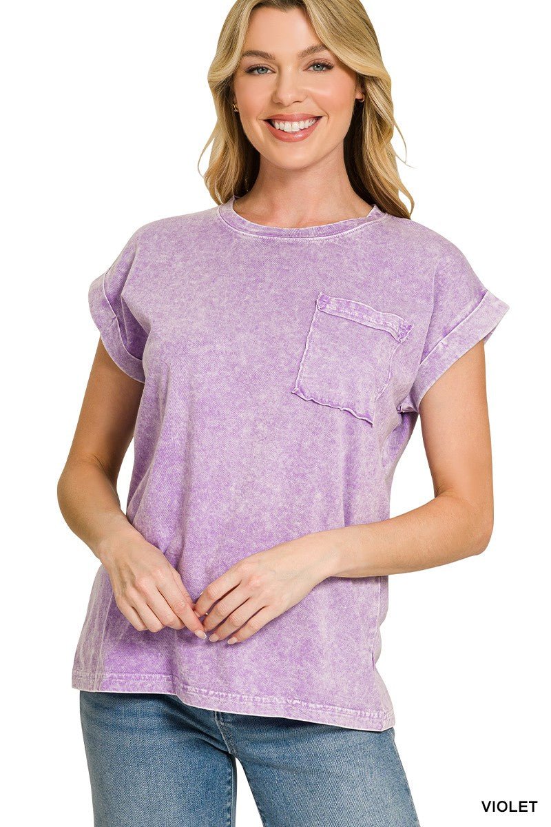 Zenana Halo Snow Washed Cuffed Short Sleeve Tee - Bitsy Gypsy Boutique