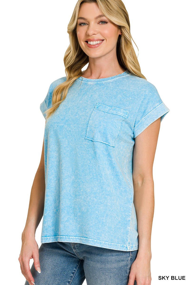 Zenana Halo Snow Washed Cuffed Short Sleeve Tee - Bitsy Gypsy Boutique