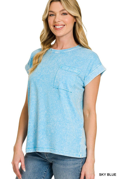 Zenana Halo Snow Washed Cuffed Short Sleeve Tee - Bitsy Gypsy Boutique