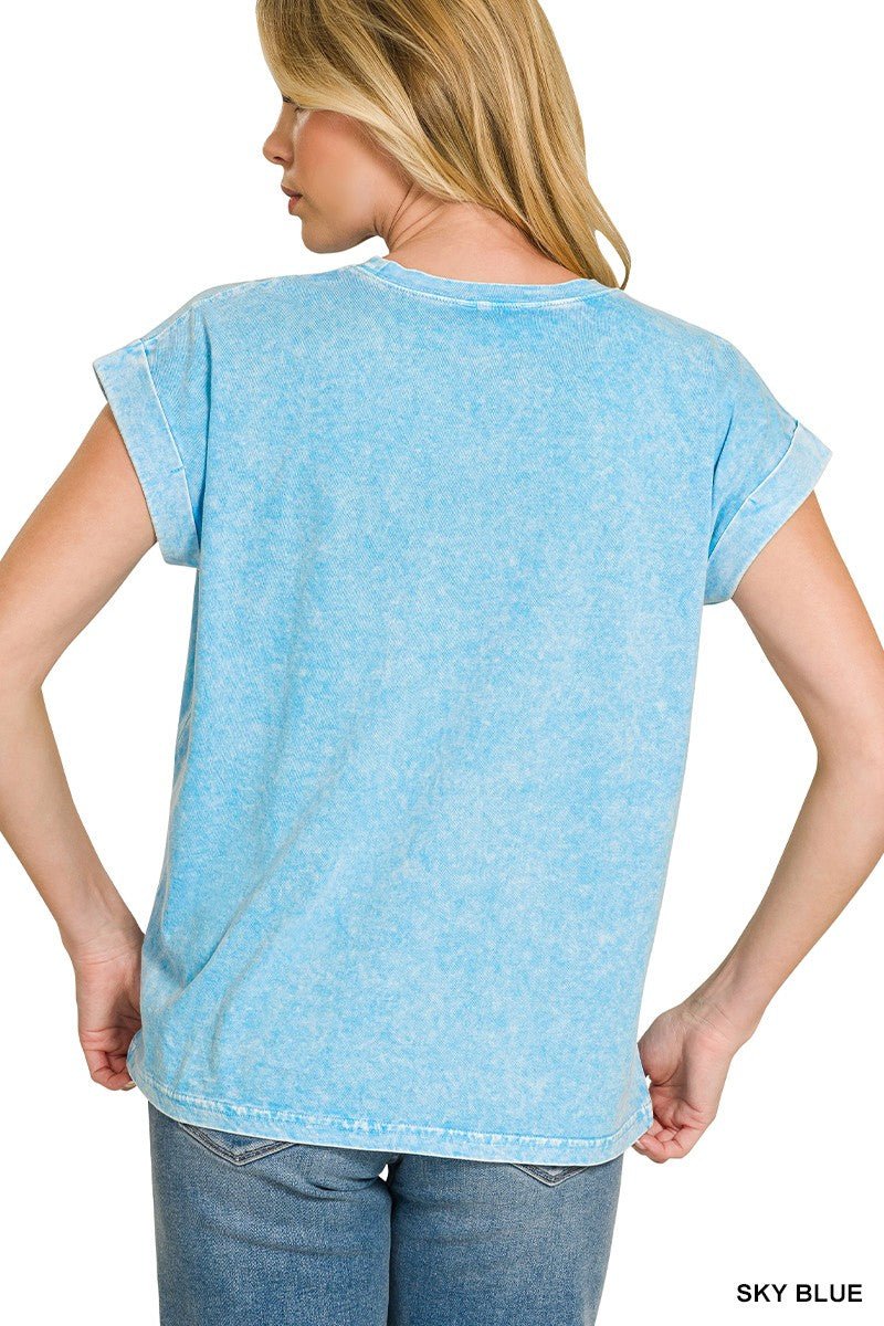 Zenana Halo Snow Washed Cuffed Short Sleeve Tee - Bitsy Gypsy Boutique