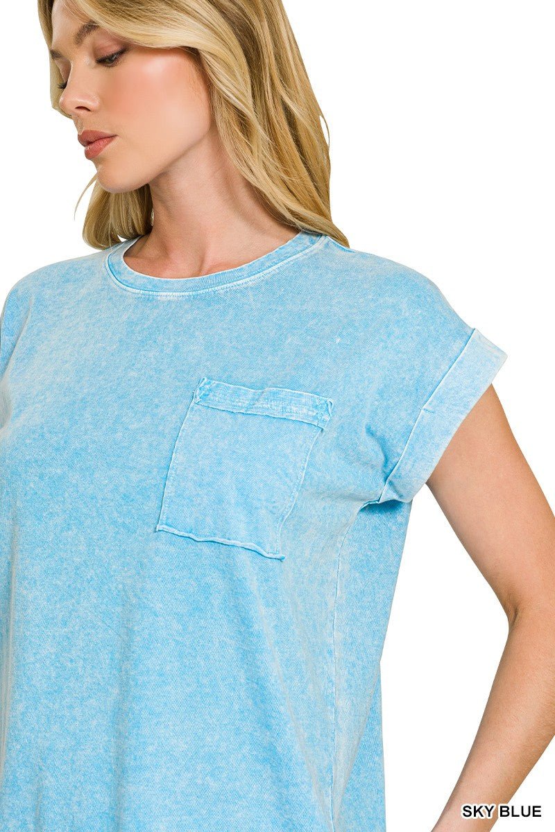 Zenana Halo Snow Washed Cuffed Short Sleeve Tee - Bitsy Gypsy Boutique