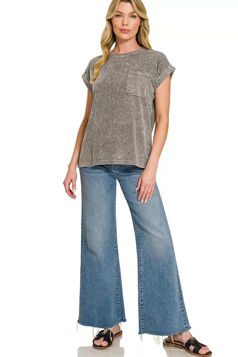 Zenana Halo Snow Washed Cuffed Short Sleeve Tee - Bitsy Gypsy Boutique