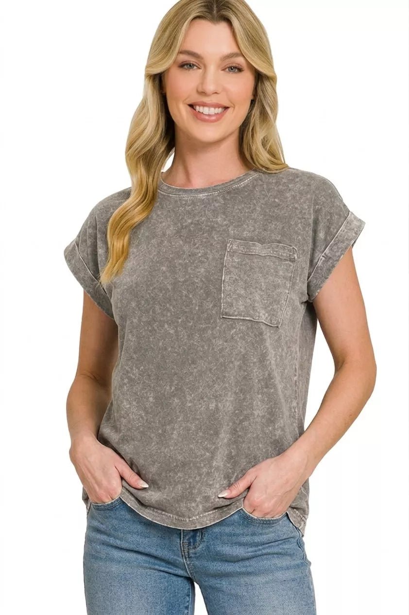 Zenana Halo Snow Washed Cuffed Short Sleeve Tee - Bitsy Gypsy Boutique