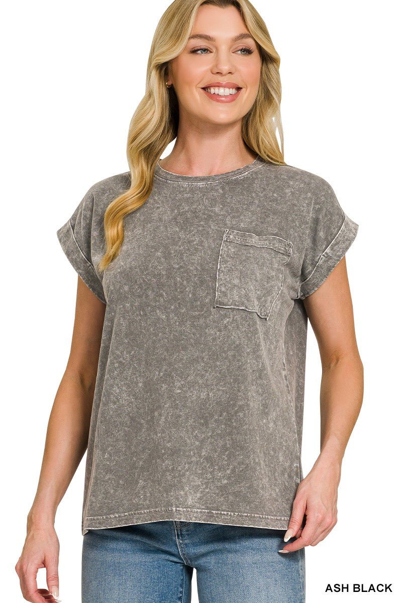 Zenana Halo Snow Washed Cuffed Short Sleeve Tee - Bitsy Gypsy Boutique