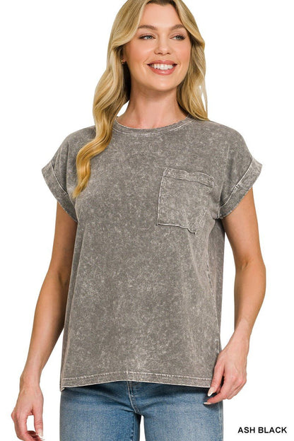 Zenana Halo Snow Washed Cuffed Short Sleeve Tee - Bitsy Gypsy Boutique