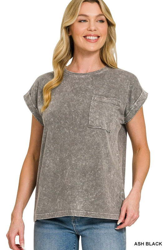 Zenana Halo Snow Washed Cuffed Short Sleeve Tee - Bitsy Gypsy Boutique