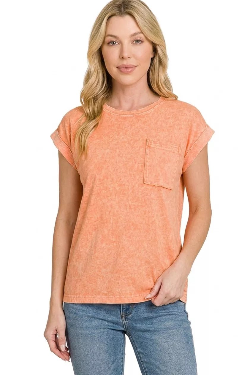 Zenana Halo Snow Washed Cuffed Short Sleeve Tee - Bitsy Gypsy Boutique