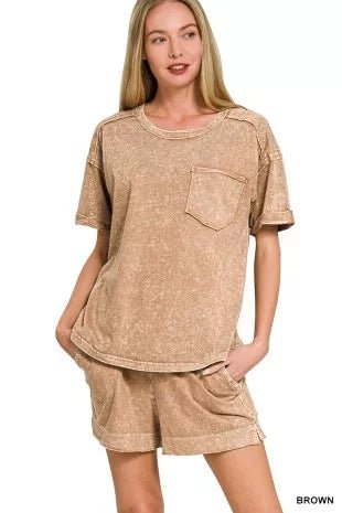 Zenana Halo Snow Washed Exposed Seam Top & Shorts Set - Bitsy Gypsy Boutique