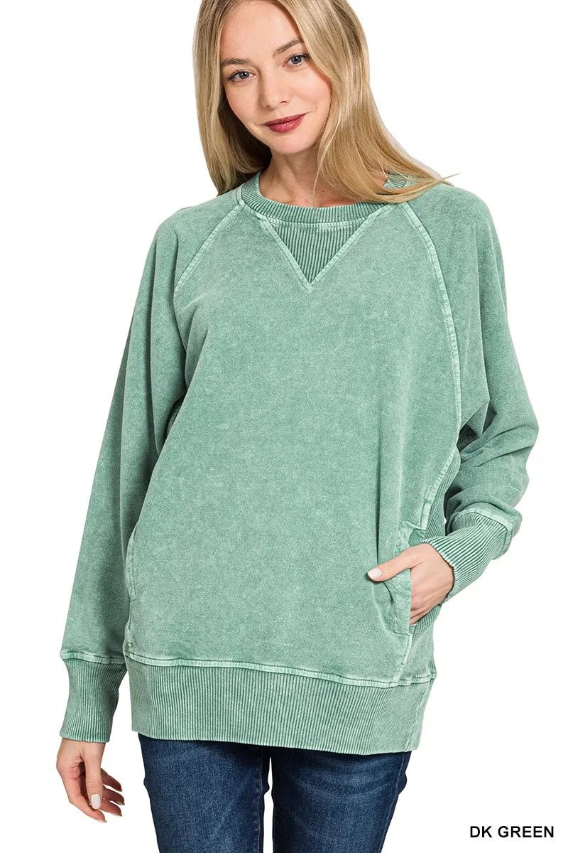 Zenana Halo Snow Washed French Terry Round Neck Sweatshirt - Bitsy Gypsy Boutique