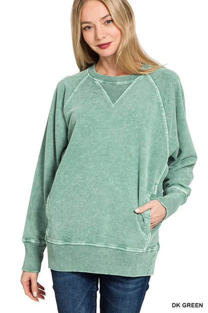 Zenana Halo Snow Washed French Terry Round Neck Sweatshirt - Bitsy Gypsy Boutique