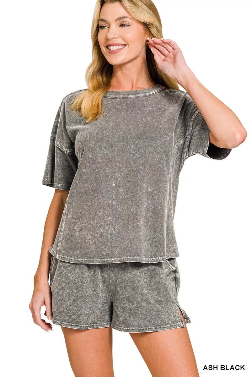 Zenana Halo Snow Washed Short Sleeve Tee and Shorts Set - Bitsy Gypsy Boutique
