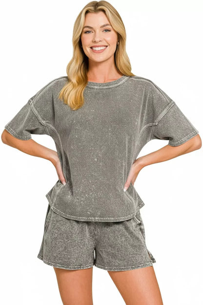 Zenana Halo Snow Washed Short Sleeve Tee and Shorts Set - Bitsy Gypsy Boutique
