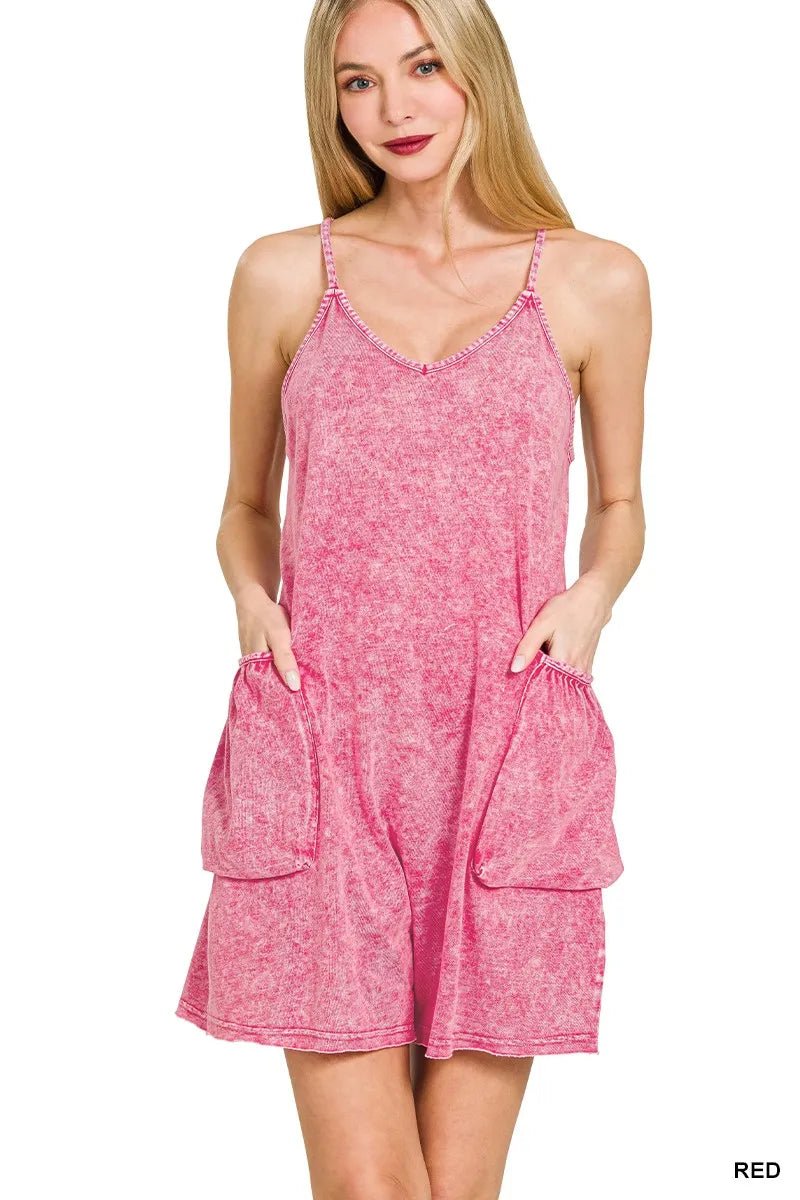 Zenana Halo Snow Washed Spaghetti Strap Romper - Bitsy Gypsy Boutique