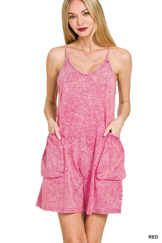 Zenana Halo Snow Washed Spaghetti Strap Romper - Bitsy Gypsy Boutique