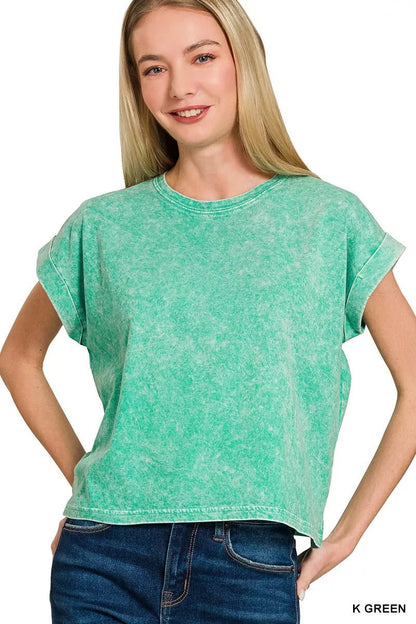 Zenana Halo Washed Cotton Cuffed Short Sleeve Top - Bitsy Gypsy Boutique