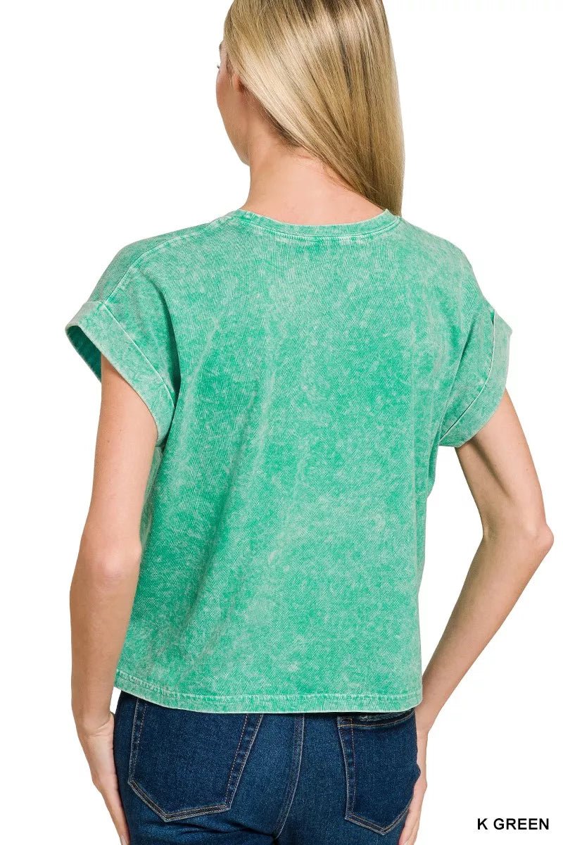Zenana Halo Washed Cotton Cuffed Short Sleeve Top - Bitsy Gypsy Boutique