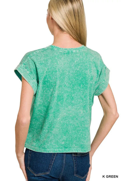 Zenana Halo Washed Cotton Cuffed Short Sleeve Top - Bitsy Gypsy Boutique