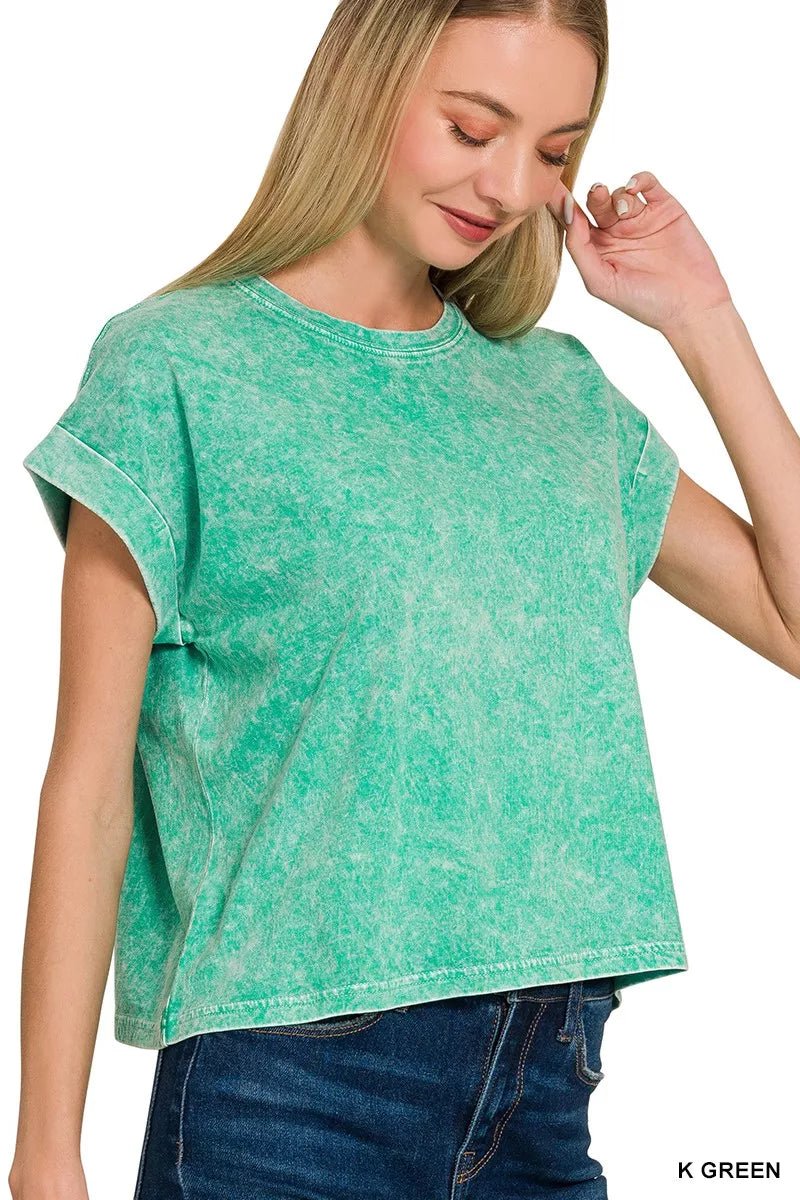 Zenana Halo Washed Cotton Cuffed Short Sleeve Top - Bitsy Gypsy Boutique
