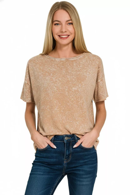 Zenana Halo Washed Cotton Short Sleeve Top - Bitsy Gypsy Boutique