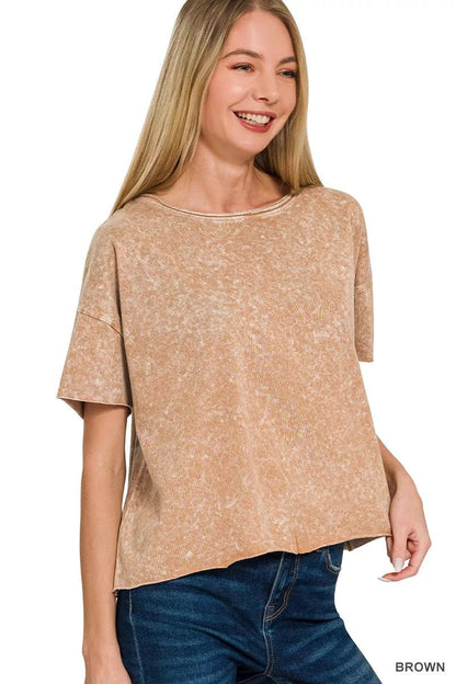 Zenana Halo Washed Cotton Short Sleeve Top - Bitsy Gypsy Boutique