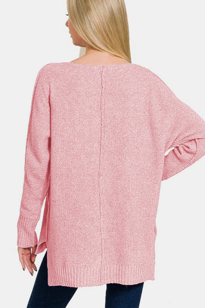 Zenana High - Low Center Seam V - Neck Sweater - Bitsy Gypsy Boutique