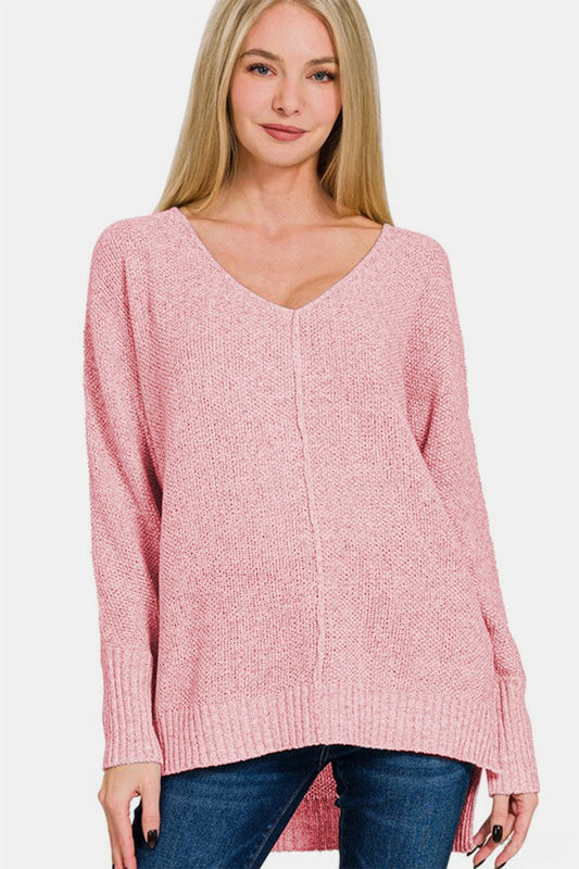 Zenana High - Low Center Seam V - Neck Sweater - Bitsy Gypsy Boutique