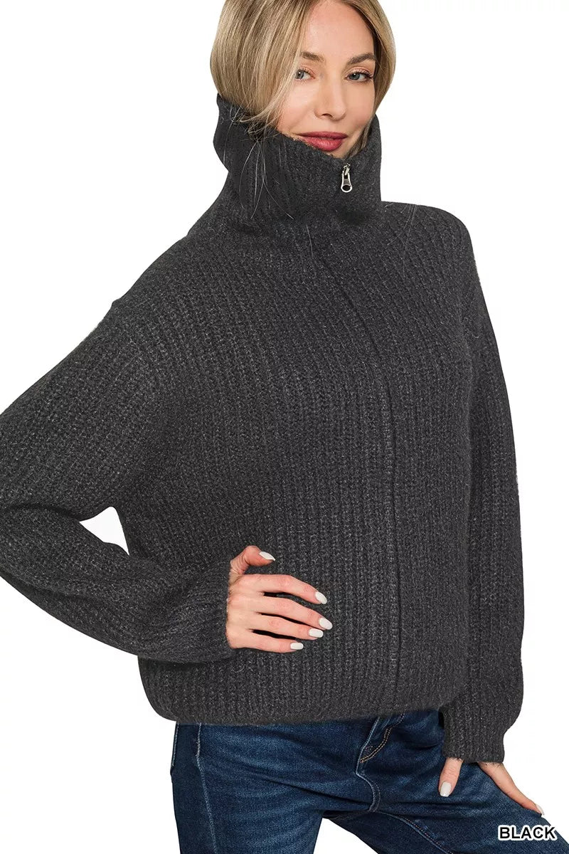 Zenana High Neck Full Zip Sweater Cardigan - Bitsy Gypsy Boutique